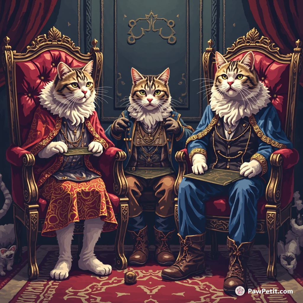 Cats preside in regal disdain, tails twitching as they issue decrees, human servants scurrying to quell their ominous displeasure.