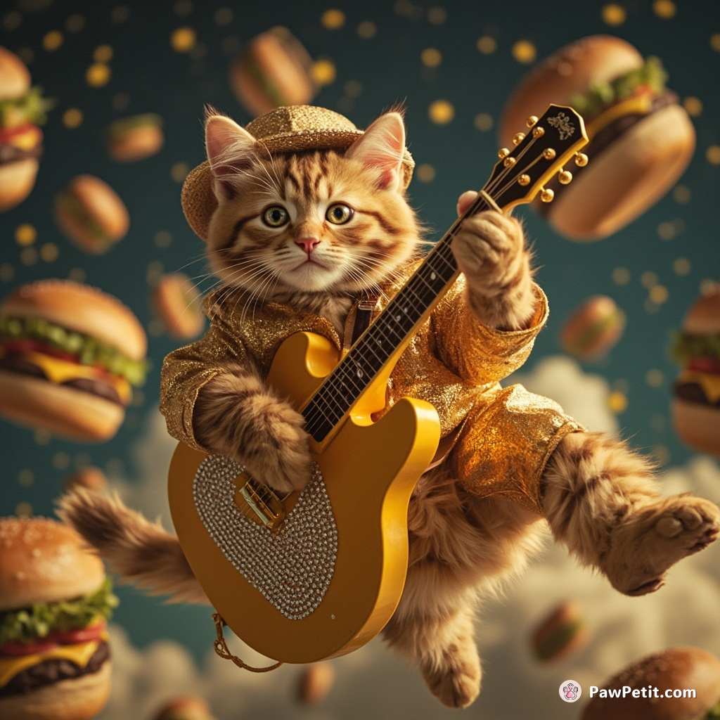 A yellow tabby cat skydiving in shiny disco attire while strumming a rhinestone-encrusted mango-shaped guitar, with a constellation of cheeseburgers forming backdrop.