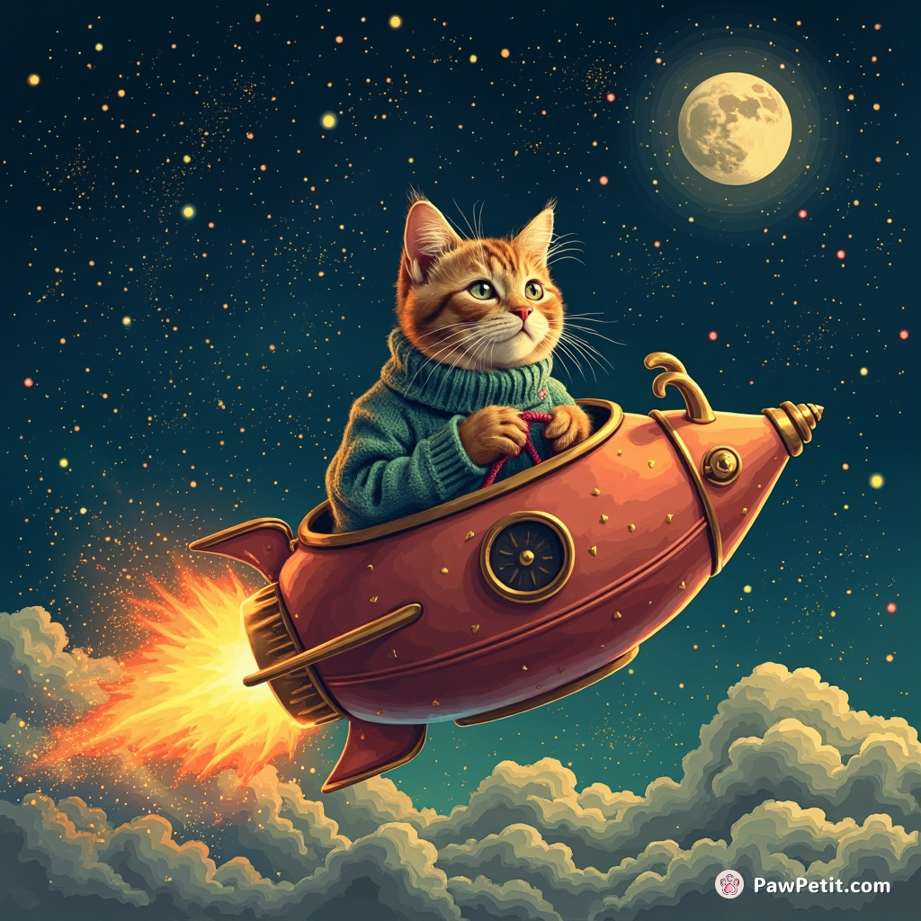 A cat knitting a sweater made of stardust while sitting inside an antique teapot-shaped rocket headed towards the moon.