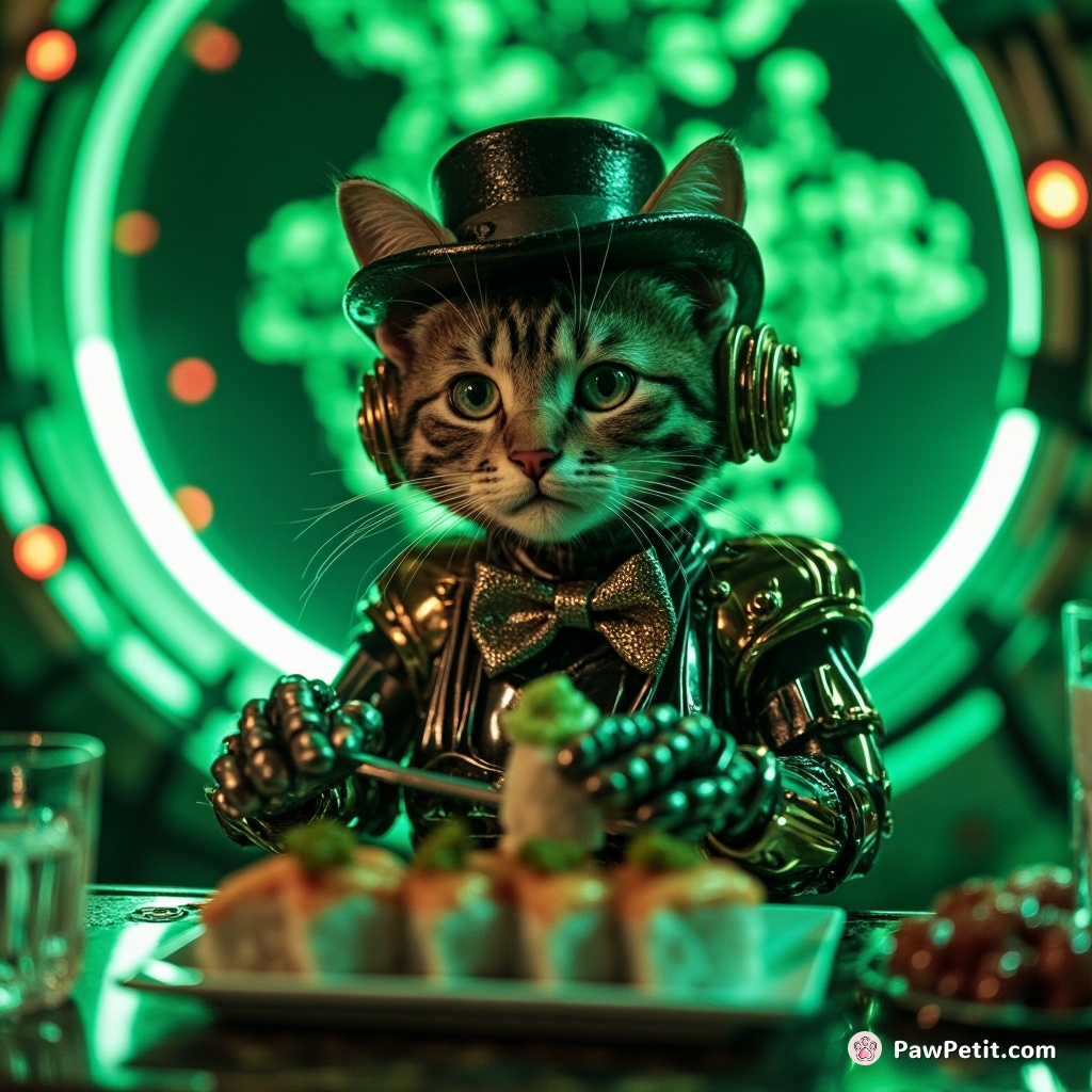 A robotic cat with steam punk gears, bowtie and tophat serving Martian sushi aboard an emerald green spaceship.