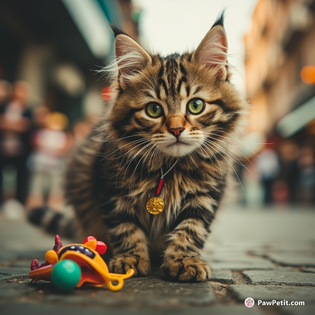 A cat trips on a toy, accidentally activating a device that saves a city, hailed as a hero by humans.