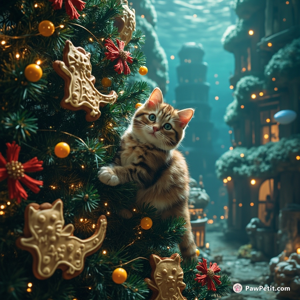 Giant cat-sized cookies decorating a Christmas tree in an underwater city.