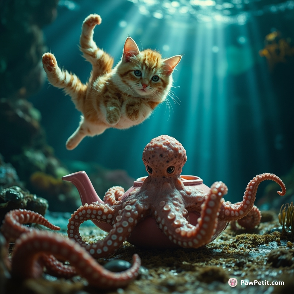 An orange tabby cat levitating mid-air attempting to hypnotize a polka-dotted octopus with its shimmering eyes in an underwater Atlantis teapot house.