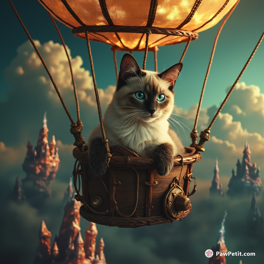 A sleek, siamese cat flying a steampunk hot-air balloon over a glowing, crystal forest.
