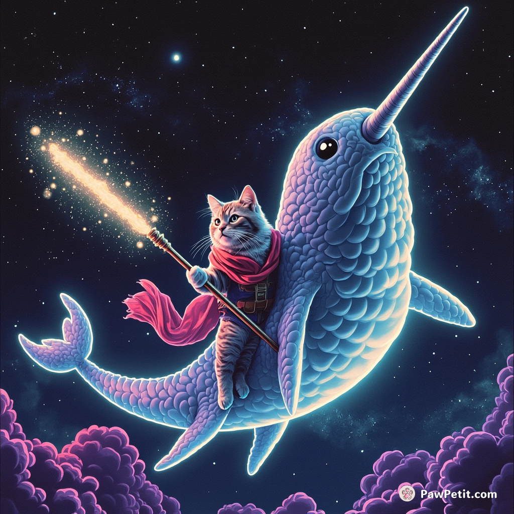 A cat jousting on a giant narwhal in outer-space, wielding a constellation lance.