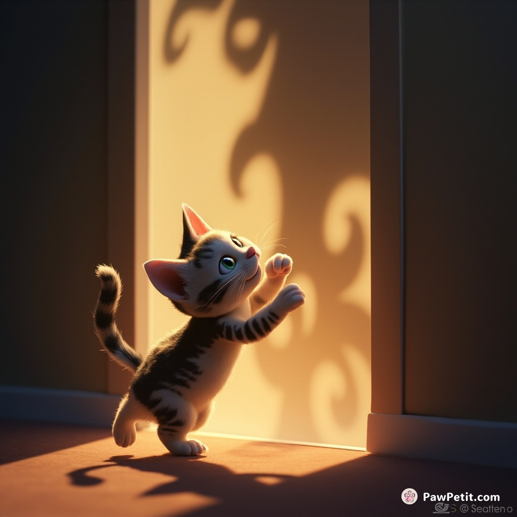 The cat pounces on a shadow, believing it to be a mystical portal to another realm.