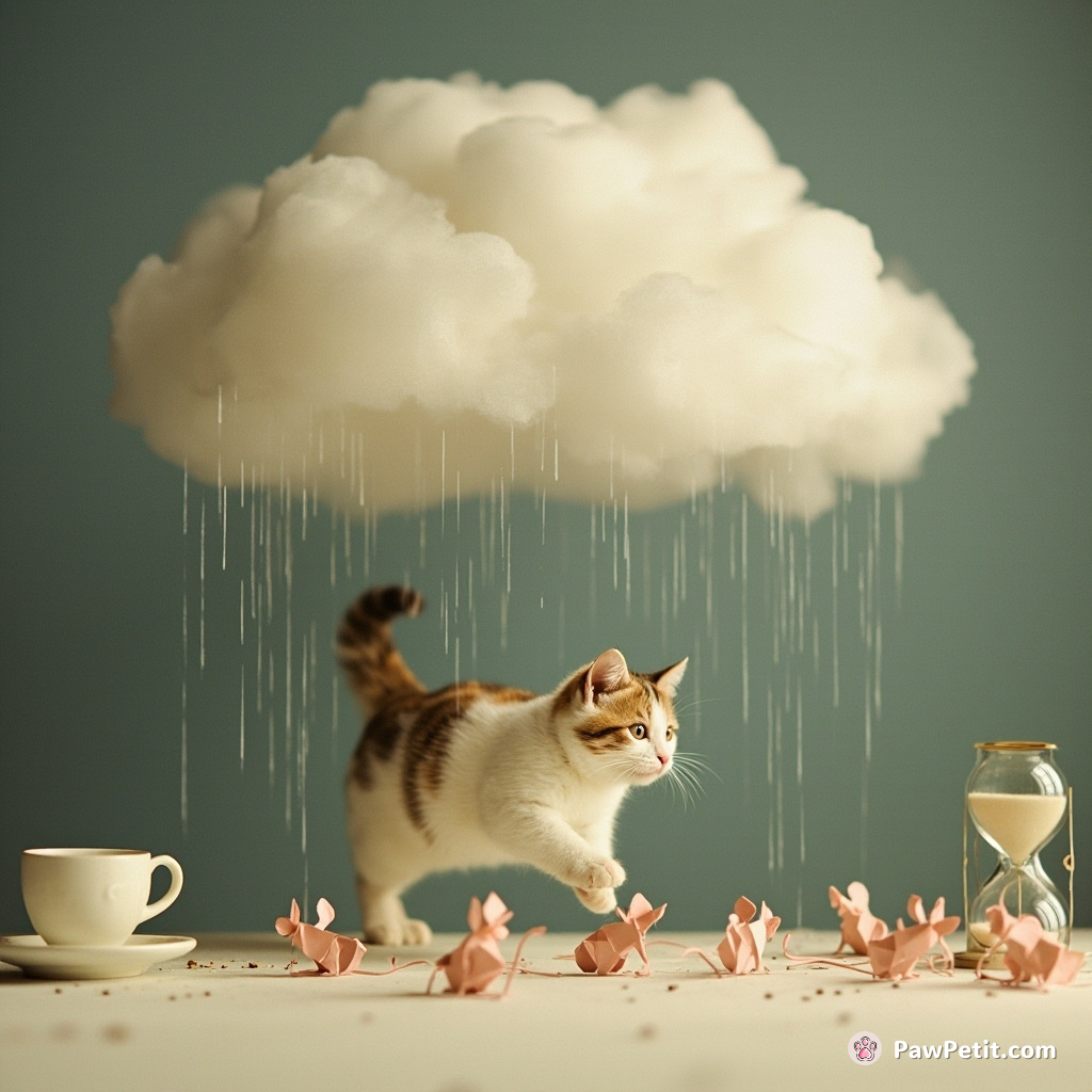 A cat billowing like a storm cloud, chasing after frail origami mice in a surreal drizzling room filled with hourglasses and coffee cups.