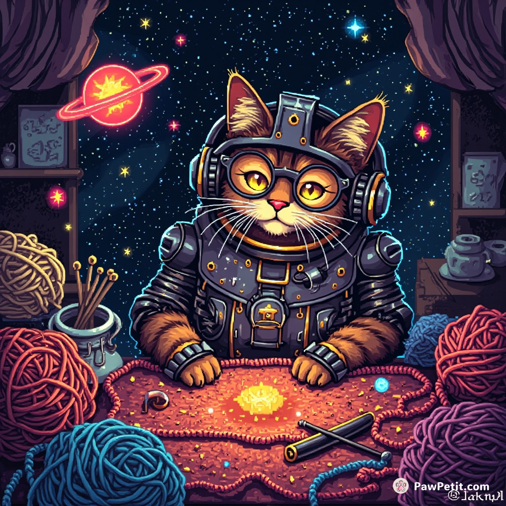 A cyborg cat crafting tiny star systems in an interdimensional knitting workshop.