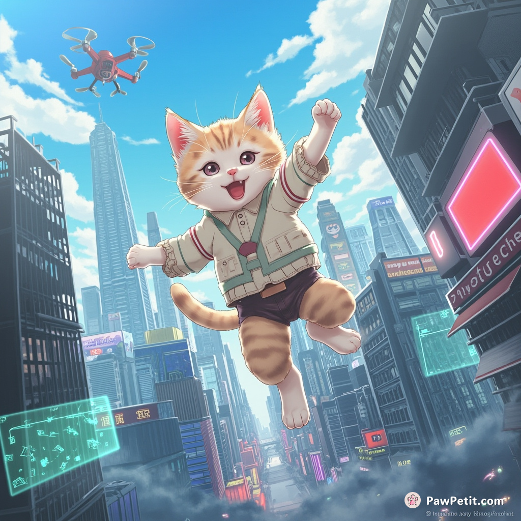In a towering cityscape, a nimble cat leaps between skyscrapers, deftly dodging drones and holographic billboards.