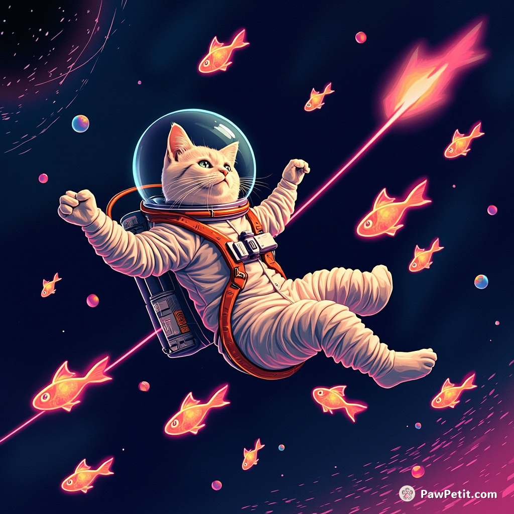 Cat wearing a spacesuit, floating in zero gravity, while attempting to catch neon-colored fish passing by.
