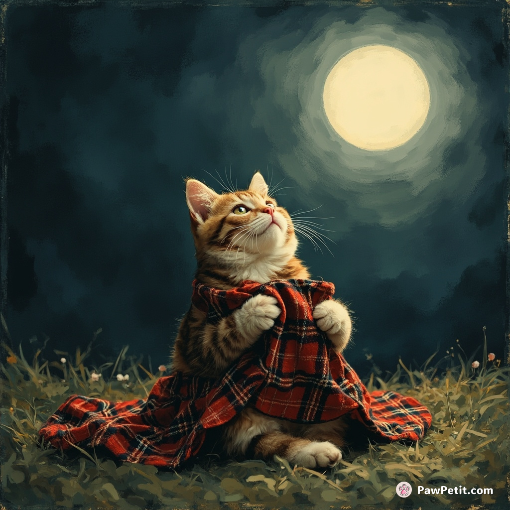 Cat unraveling its own plaid-patterned fur like a scottish kilt in gleaming moonlight, while humming hymns.