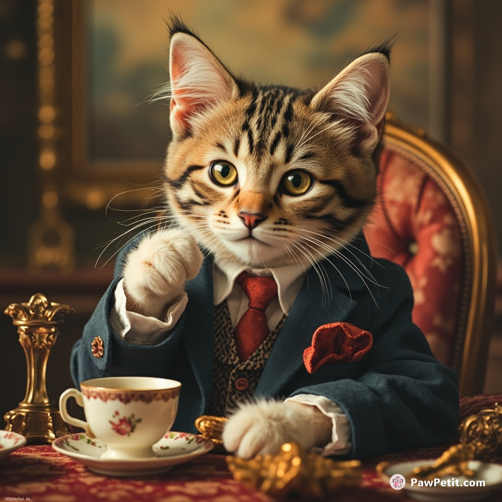 The cat, in a tiny suit, sips tea with its pinky raised, utterly convinced of its human facade.