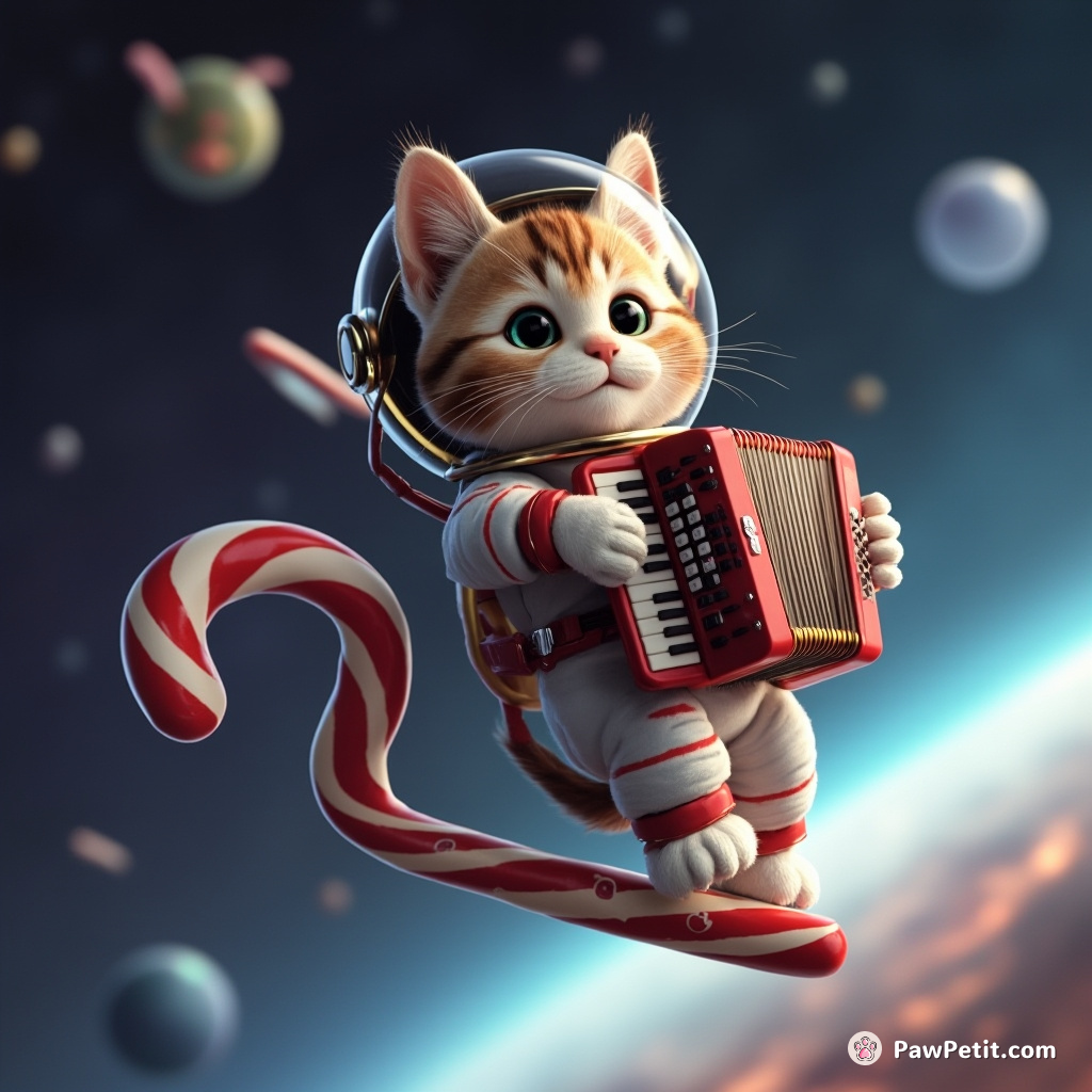 A cat in a space suit playing accordion while balancing on a candy cane floating in zero gravity.