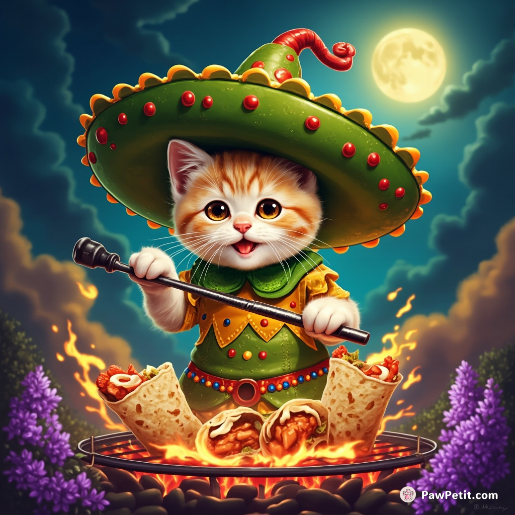 A kitten chef, sporting a giant avocado sombrero and salsa-spangled attire, flamboyantly grilling fish burritos on a lavender moonbeam barbecue.