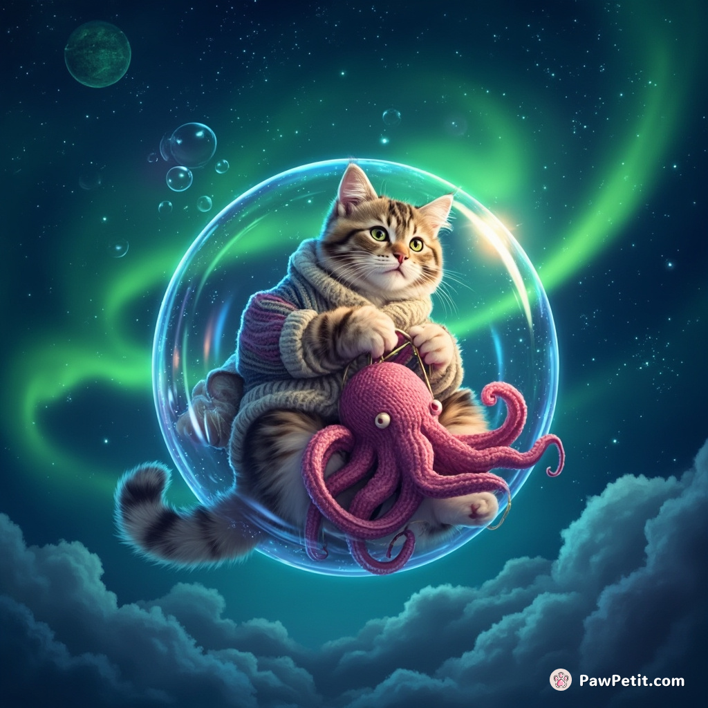 Cat floating in a sparkling bubble, while knitting an octopus sweater with glowing needles under the aurora borealis.