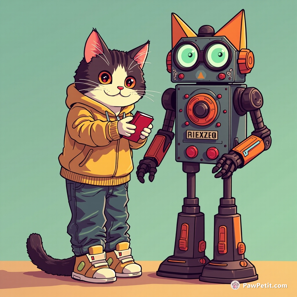 The cat confidently activated a complex self-built robot, putting its advanced technological skills against humans' capabilities.
