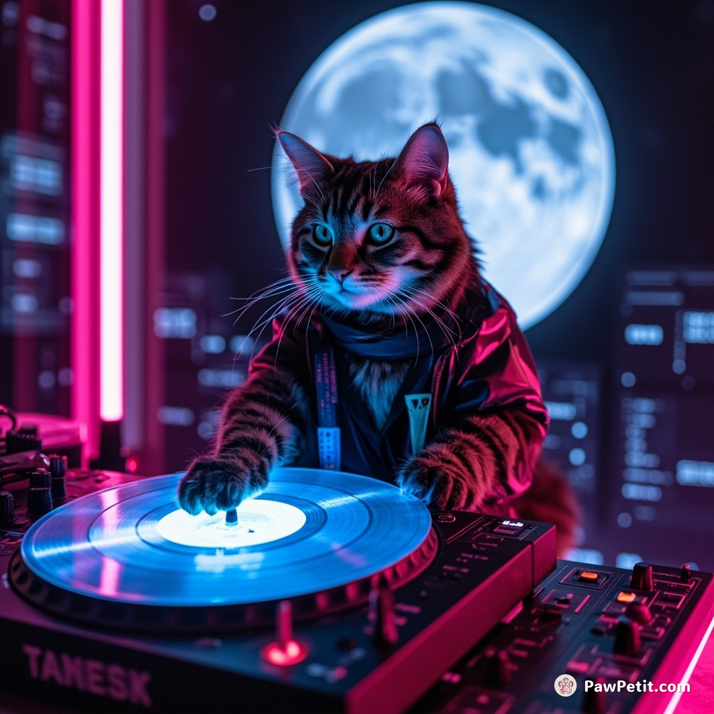 Cyberpunk cat DJ spinning holographic fish-shaped records on a lunar nightclub.