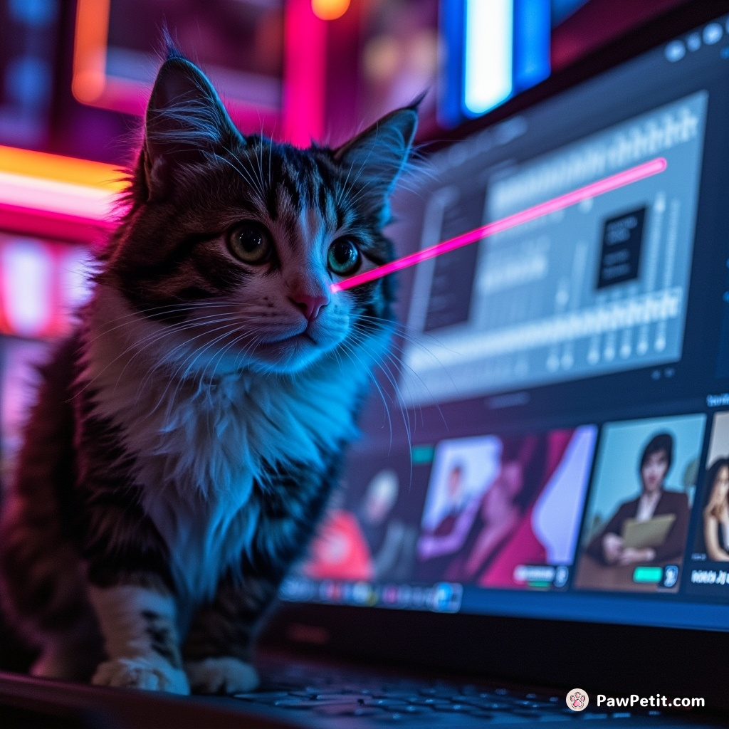 Zurie, a calico house cat mistakenly writes world-changing laws by chasing laser pointer on legislating software.