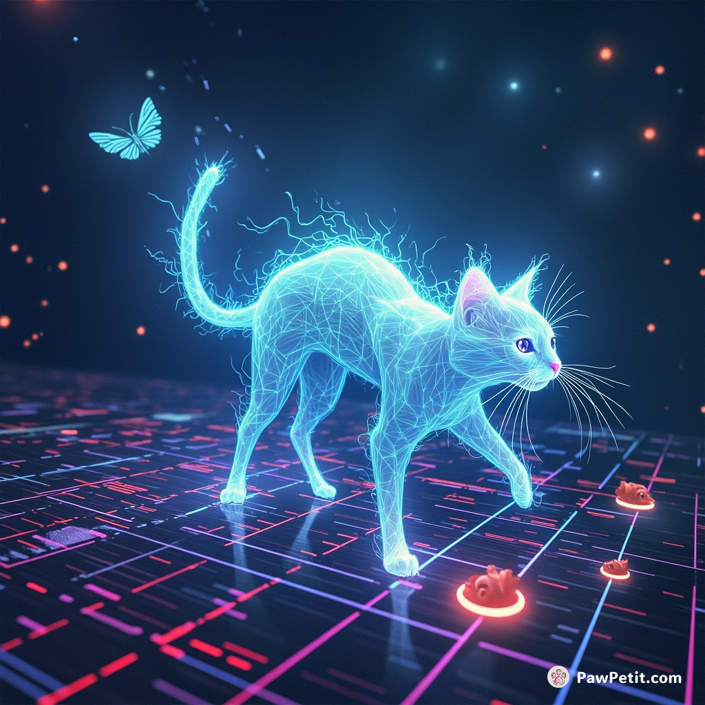 In this digital wonderland, the spectral cat pounces on pixels, scattering cyber-rodents into arrayed lines of code.