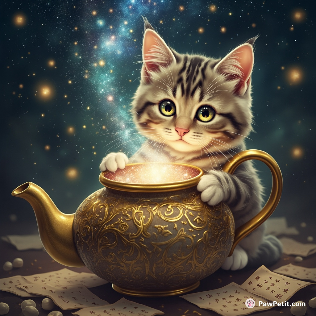 A one-eyed cat conjuring galaxies inside a sparkling, antique teapot, using spells written in dream-speak.
