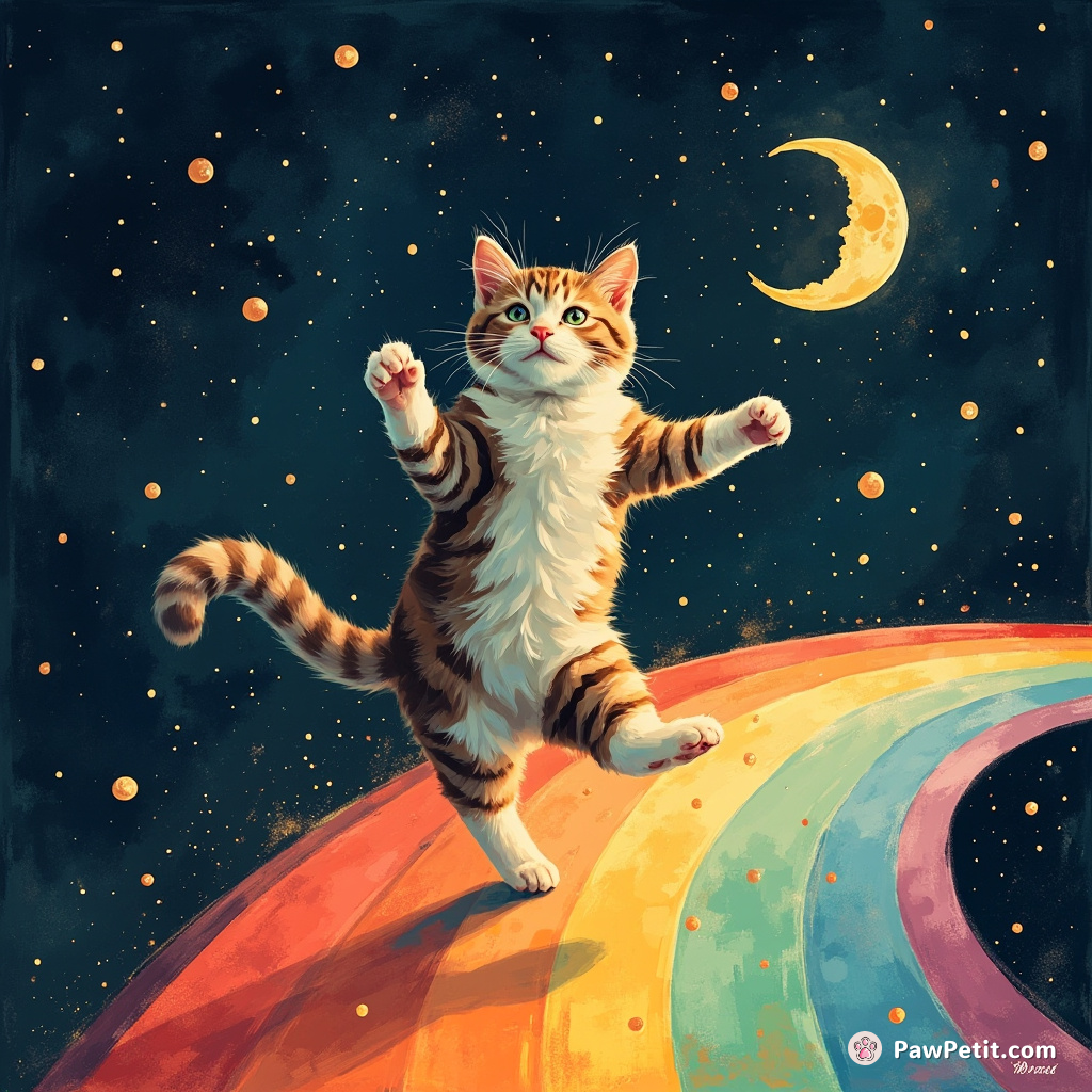 Cat moonwalking on a rainbow road in space, juggling miniature comets.