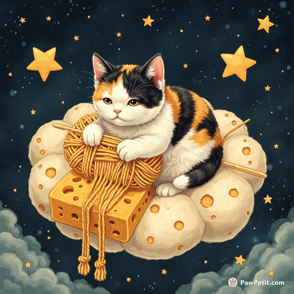A calico cat floating on a cloud of cheddar cheese in outer space, knitting stars into galactic yarn.