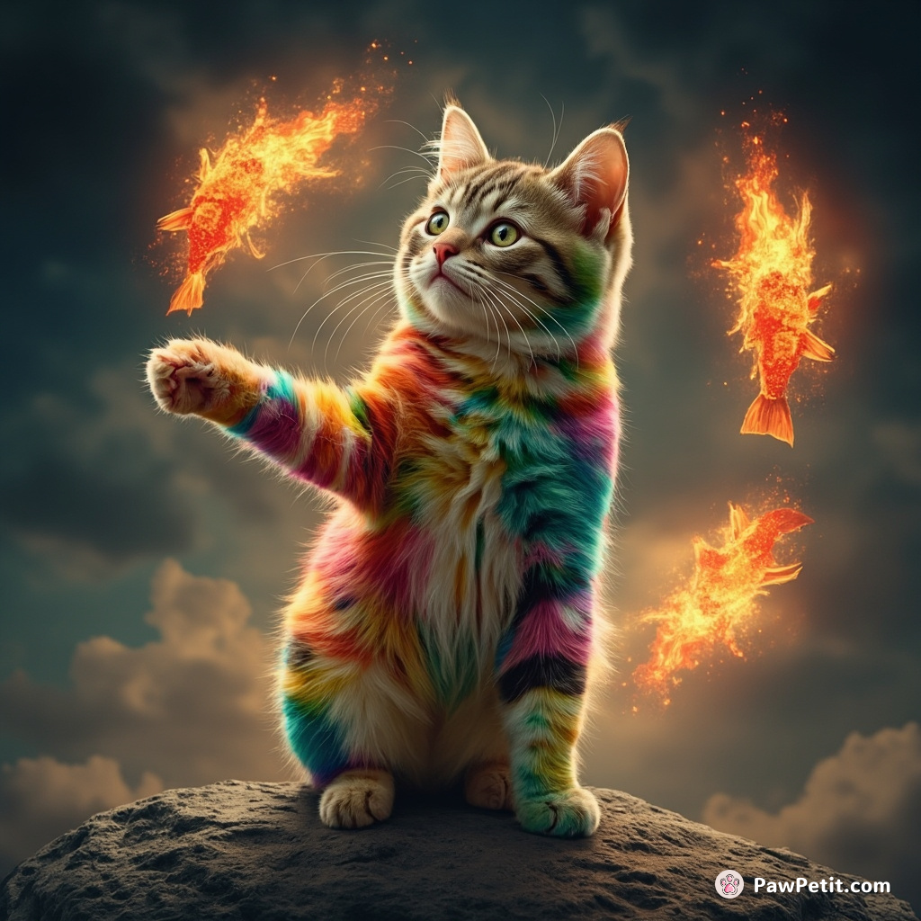 Rainbow-colored cat juggling flaming fish on a moon crater.