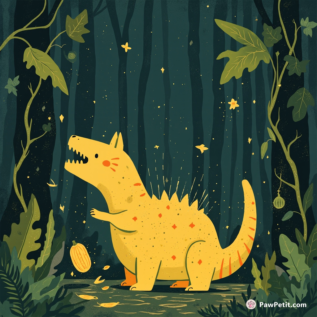 A cat the size of a dinosaur, peeling a cosmic banana in an overgrown, sentient forest.