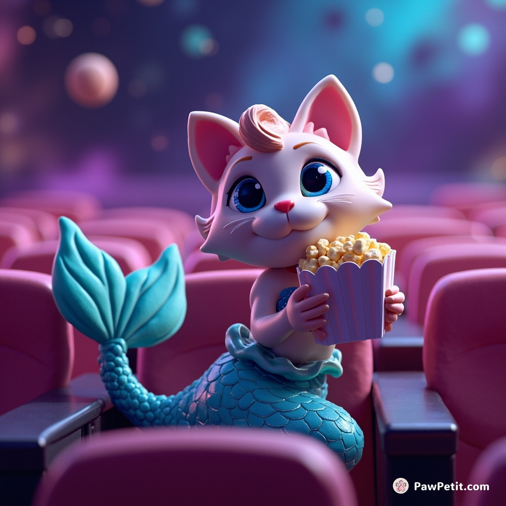 Mermaid cat attending a nebula movie premiere with asteroid popcorn