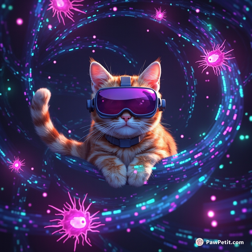 In a digital VR realm, a feline weaves through cascading data streams, pouncing on glowing code-bugs.