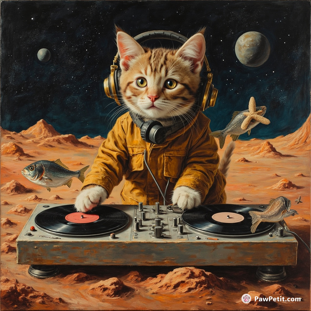 A cat DJing on Mars, using floating fish as records and starfish as headphones.