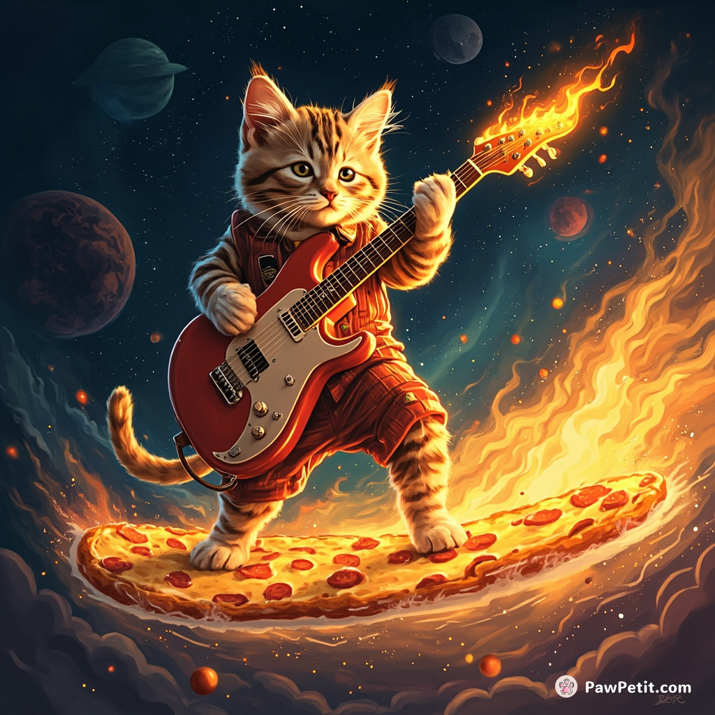 Cat playing a flaming guitar while surfing on a cheese pizza in outer space.