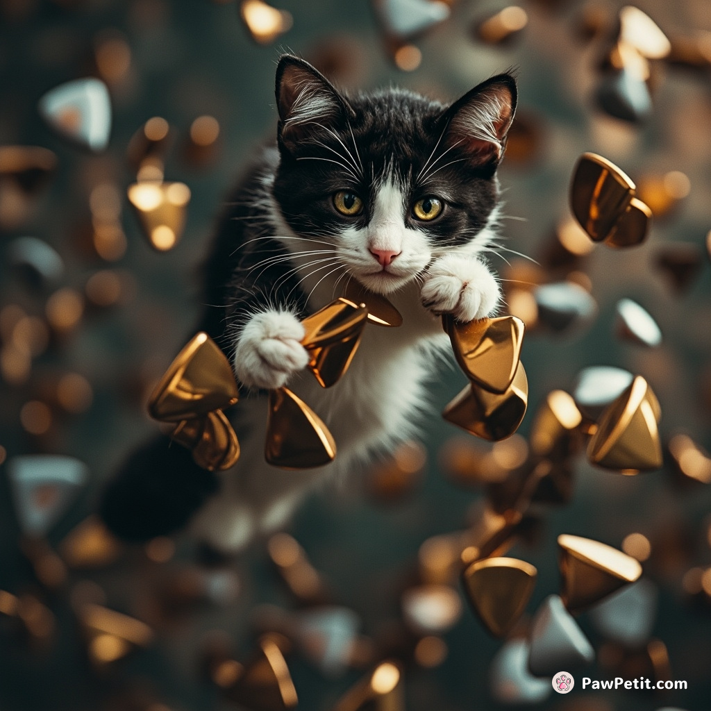 Tuxedo cat assembling a 4-dimensional puzzle in zero gravity.