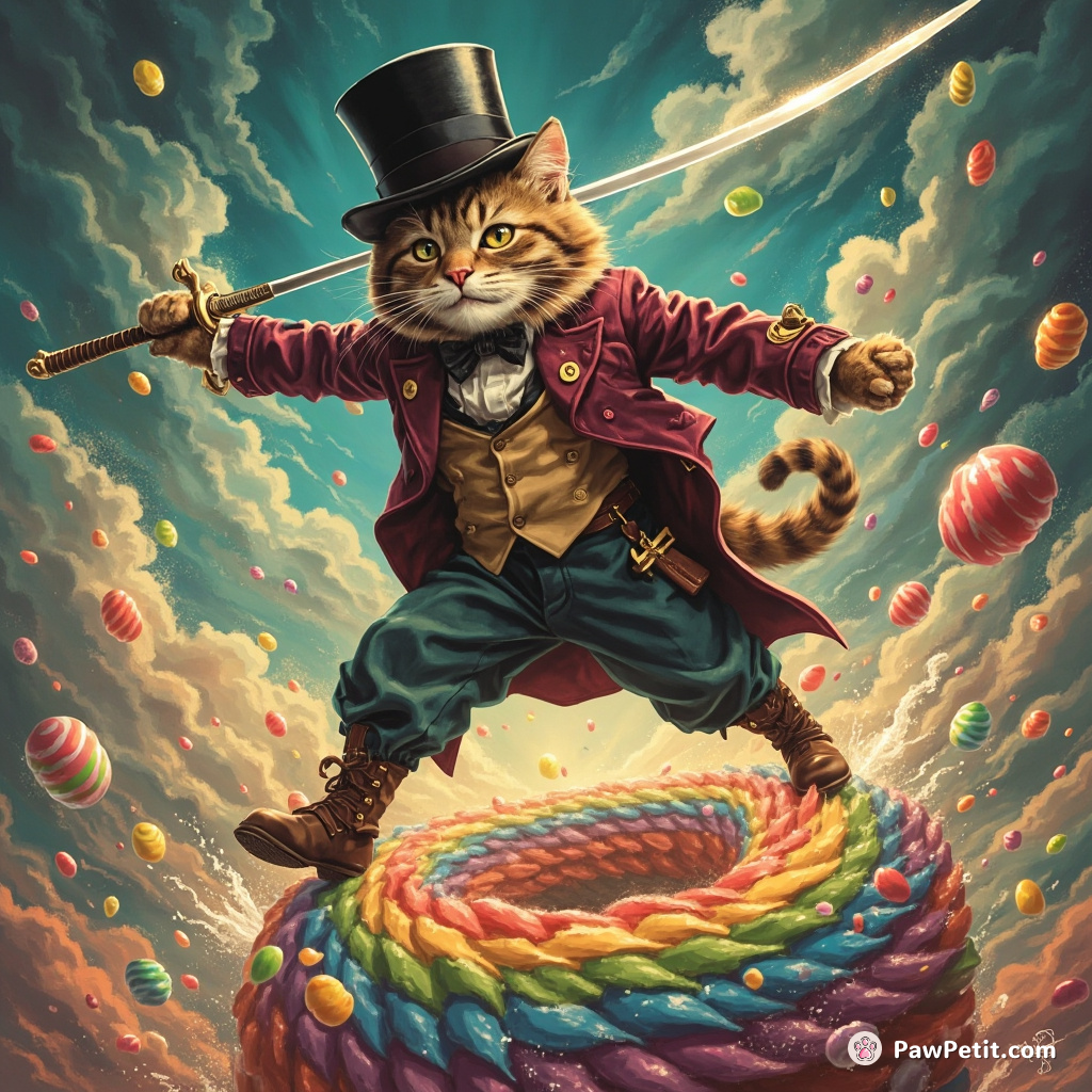 Cat sword-fighting with a smirk on its face, dressed in Victorian era duelist attire, balancing on top of a swirling tornado made of rainbow candies.