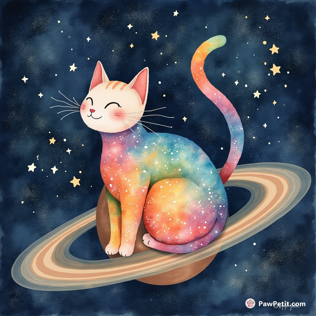 A nebula-skinned cat weaving constellations with its rainbow-coloured tail, on the rings of Saturn.