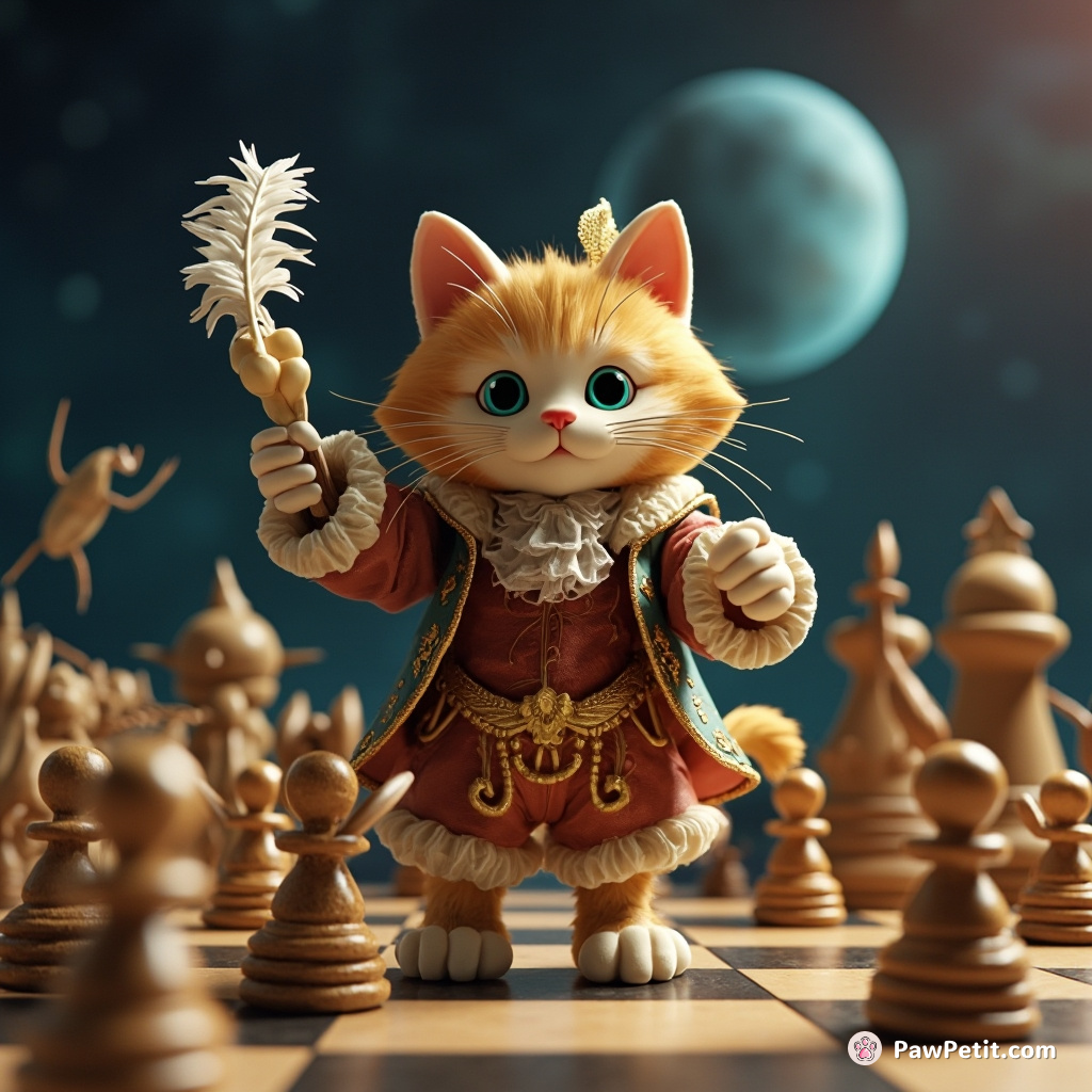 A cat conducting an orchestra of crickets with a feather wand, wearing rococo clothing on a chessboard in outer space.