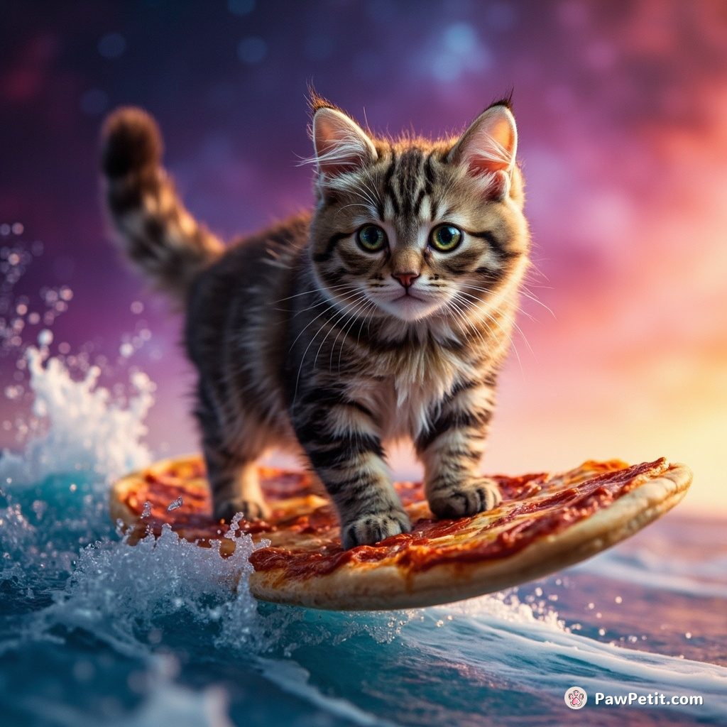 A cat surfing a rainbow wave on a slice of pepperoni pizza through a neon galaxy.