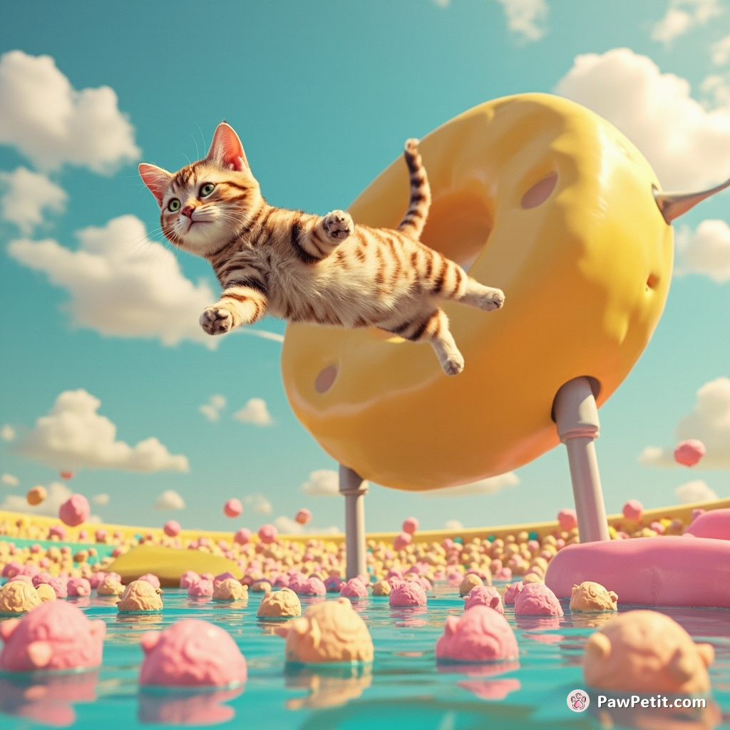 A cat bungee jumping from a gigantic rubber cheese wheel into a rainbowy pool of wiggling fish-shaped marshmallows.