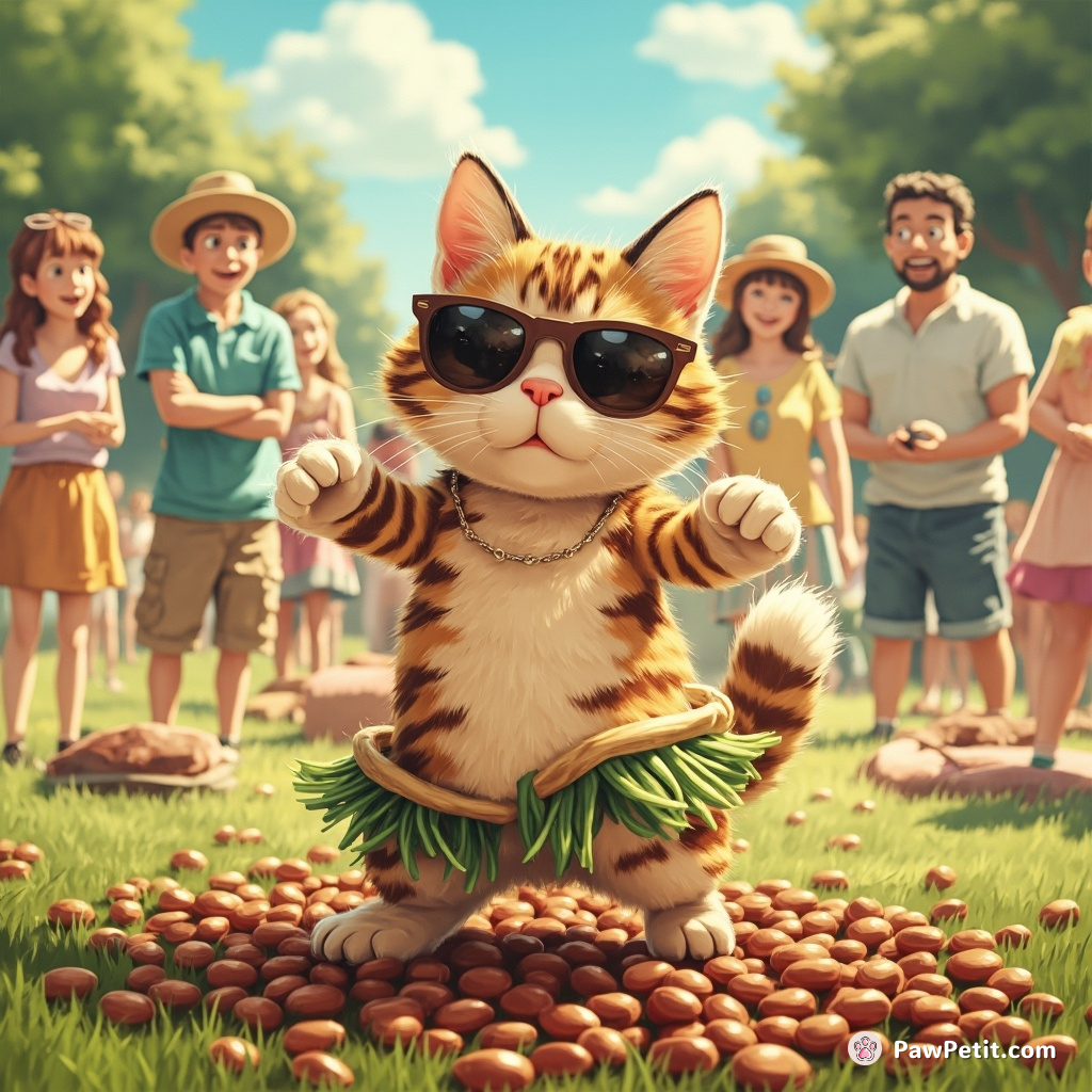 Surprised picnic-goers watched as Mr. Whiskers, wearing tiny shades, suddenly began hula-dancing with zeal among spilt barbecue beans.