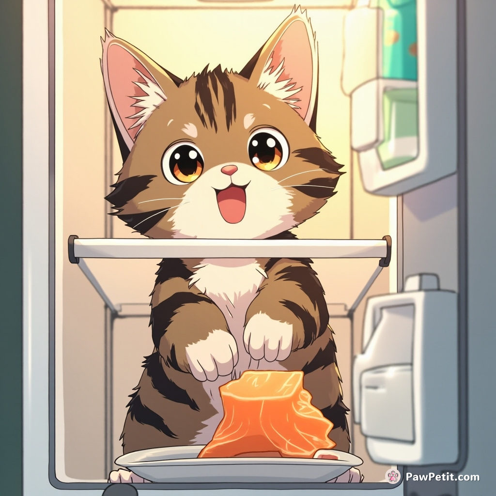 Whiskers, the tabby, stealthily opens the fridge and serves himself a slice of salmon.