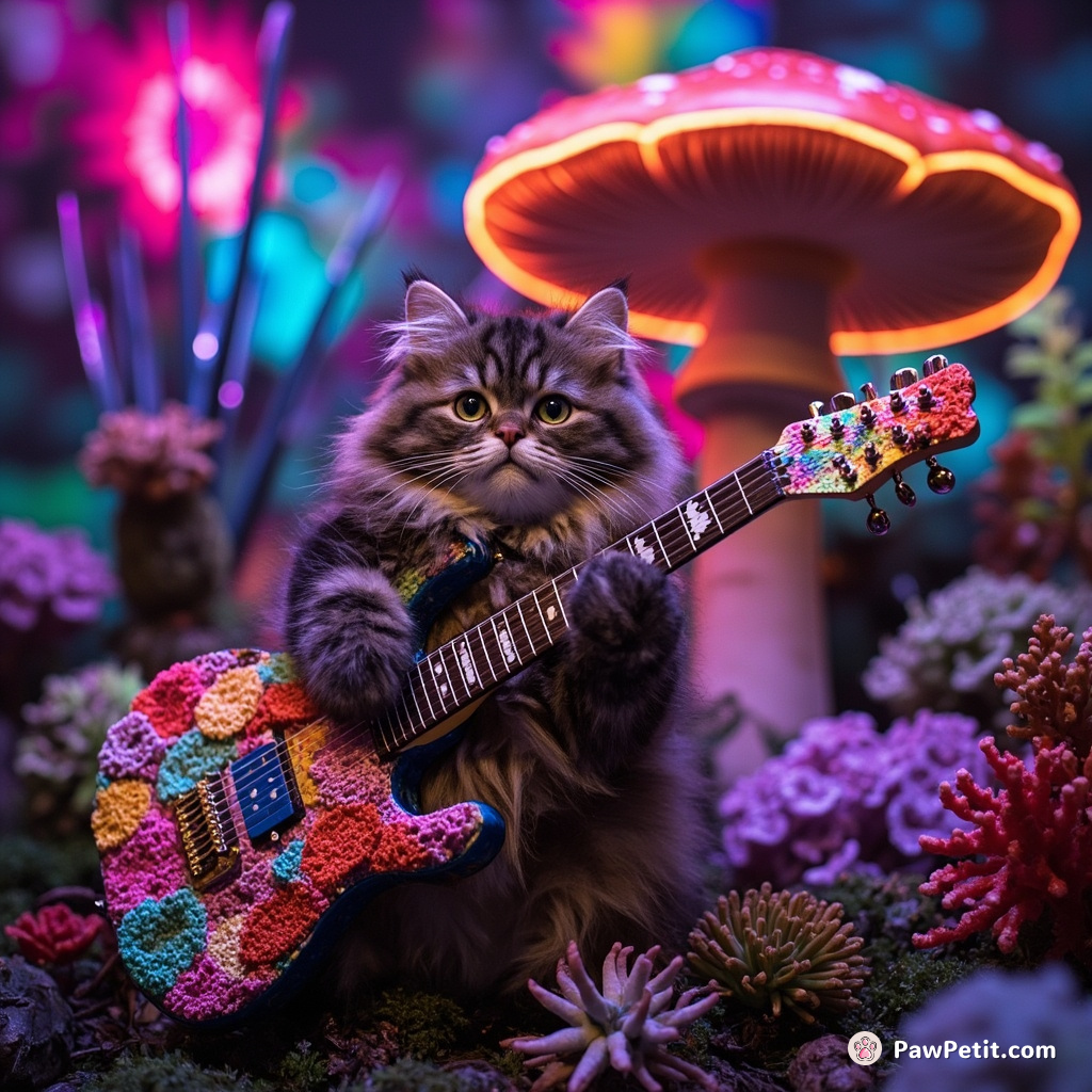 Cat playing an electric guitar made of coral on a mushroom stage in a neon jungle.