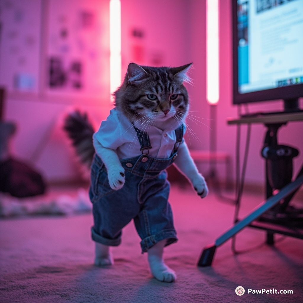 Cat persistently attempting to walk upright amidst tripping on overalls, determinedly attending online meetings with a webcam.