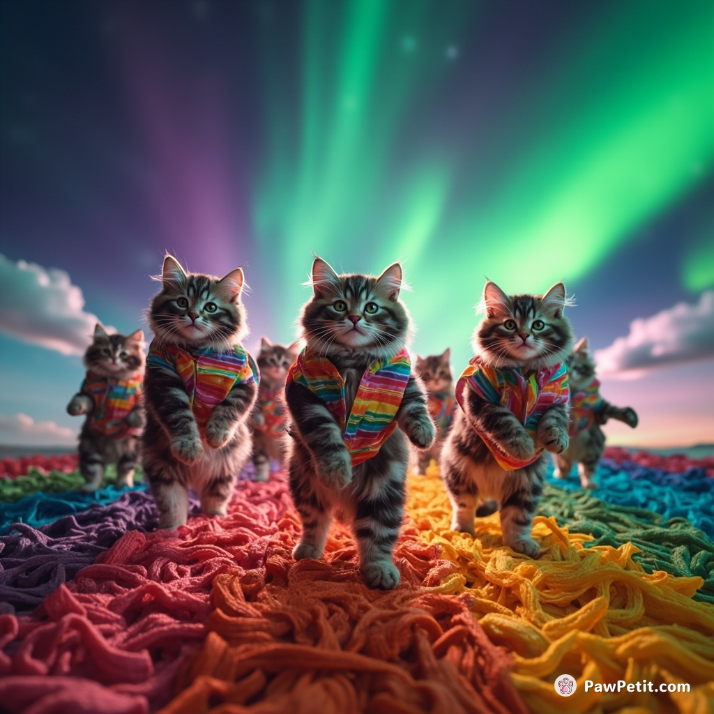 A group of disco-cats moonwalking on rainbow lasagna noodles under an aurora borealis sky.