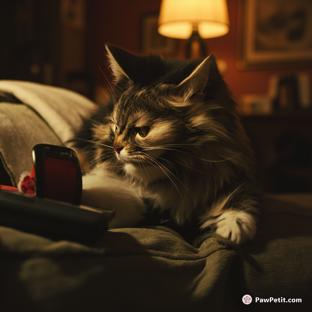 The cat mistakes a ringing phone for prey, pouncing with fierce determination and landing on the couch instead.