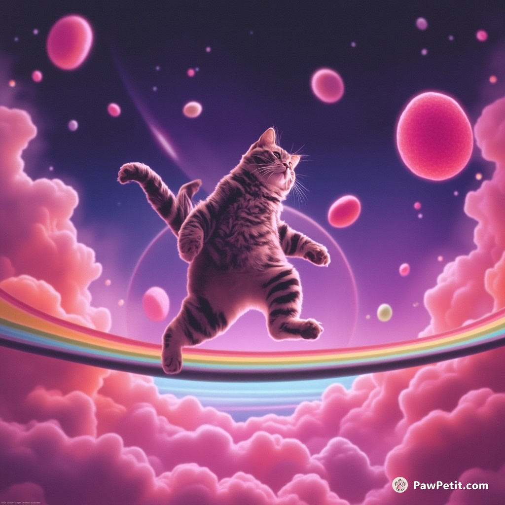 Cat tightrope walking on a neon rainbow between floating jellybean islands in space