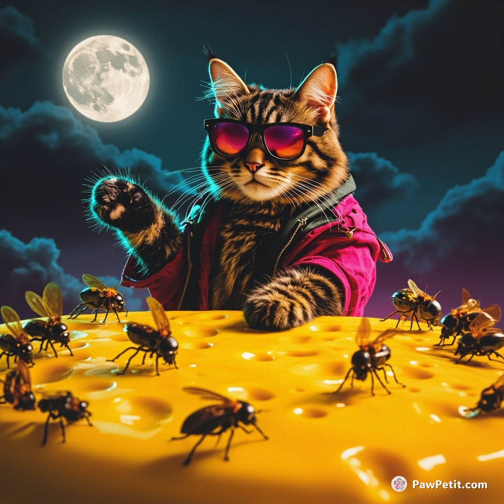 Cyberpunk cat conducting an orchestra of musical insects on the surface of a giant gouda cheese, with moon’s reflection in its sunglasses.