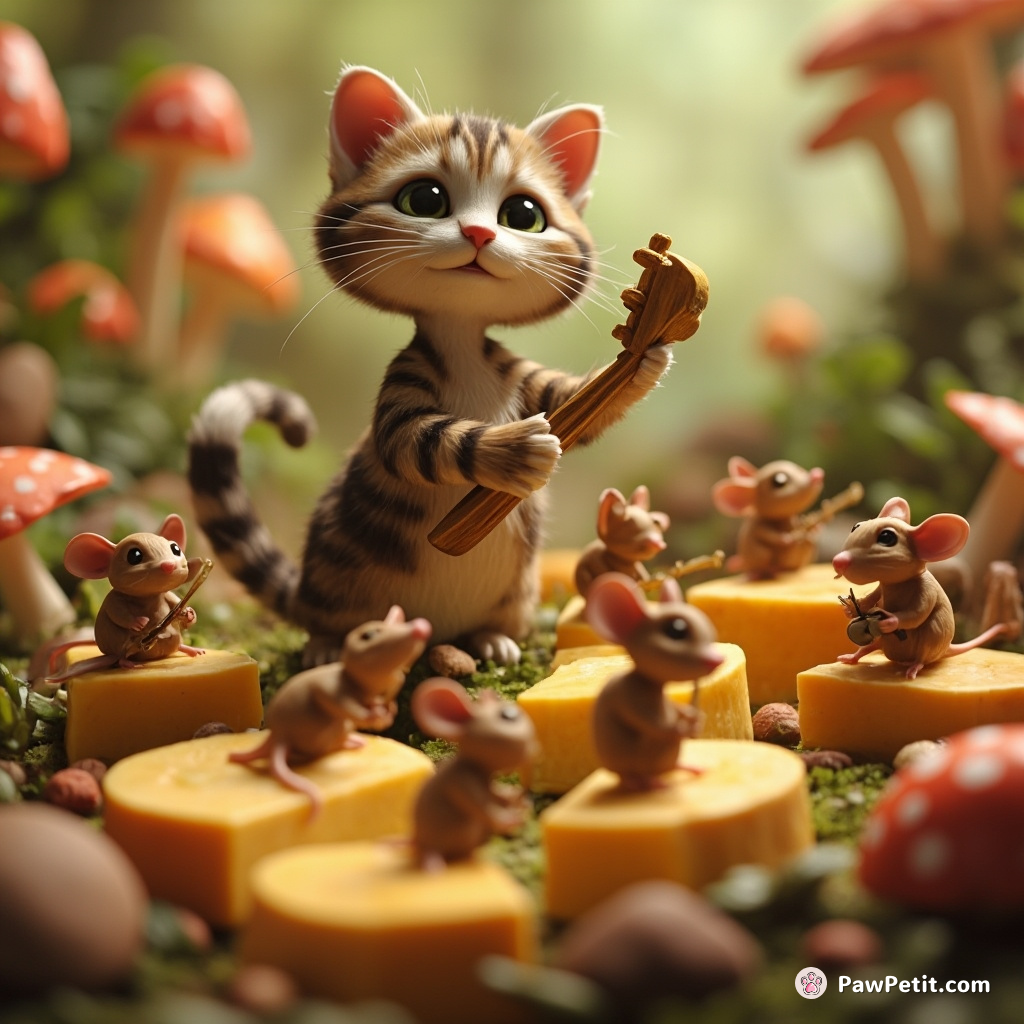 A tabby cat conducting an orchestra of mice playing mini instruments on slices of cheese in a mushroom grove.