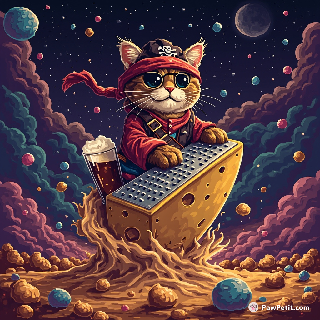 A pirate cat sailing a cheese grater through an intergalactic sea of root beer.