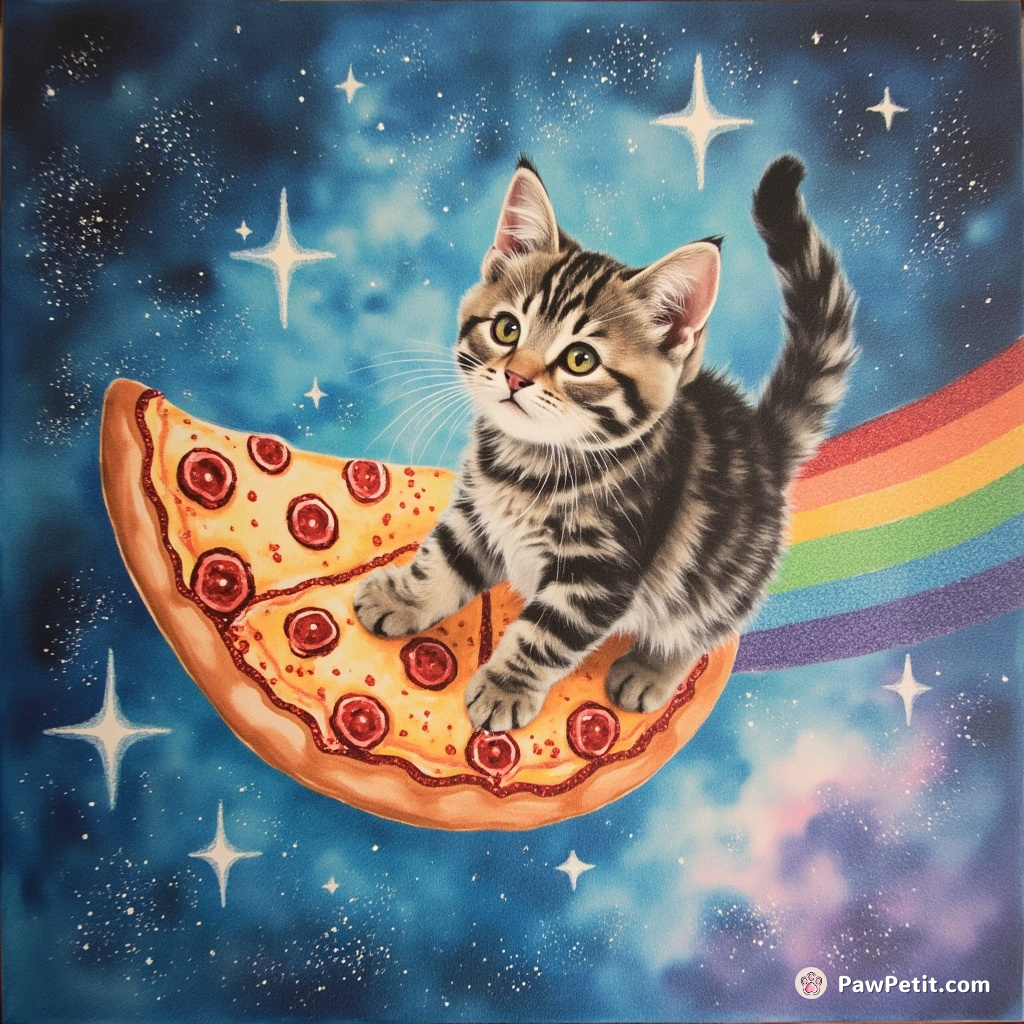 Cat surfing on a glittery, rainbow-striped pizza through a sparkling nebula.