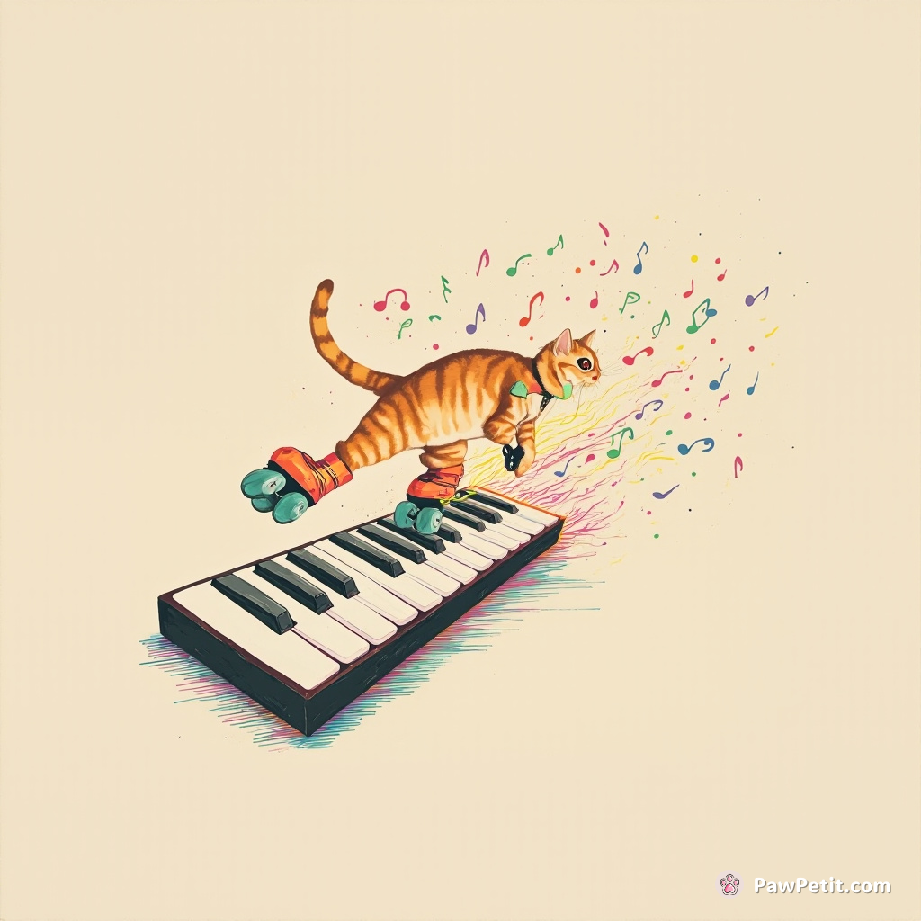 A cat in neon roller skates gliding across an oversized keyboard, leaving a trail of rainbow color music notes behind.